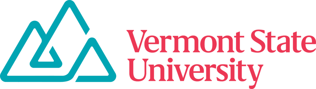 logo for Vermont State University. On the left there are three intertwining triangles that look like a mountain rang. This is teal in color. To the right are the words Vermont State University in pink.