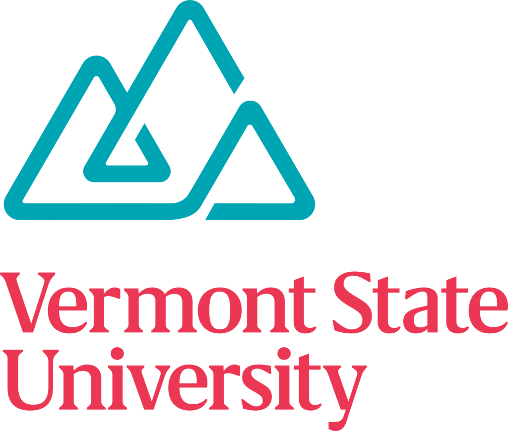 logo for Vermont State University. On the top there are three intertwining triangles that look like a mountain rang. This is teal in color. To the bottom are the words Vermont State University in pink.