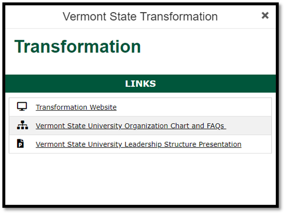 Screenshot of the popup that comes up when the Transformation tile it clicked. It has the title "Vermont State Transformation" followed by three links. One link is to the Transformation Website. The second link is to the Vermont State University Organizational Chart and FAQs. The third link is to the Vermont State University Leadership Structure Presentation